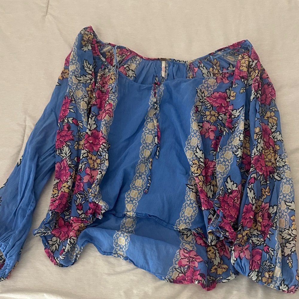 Free People Blue and Pink Floral Blouse